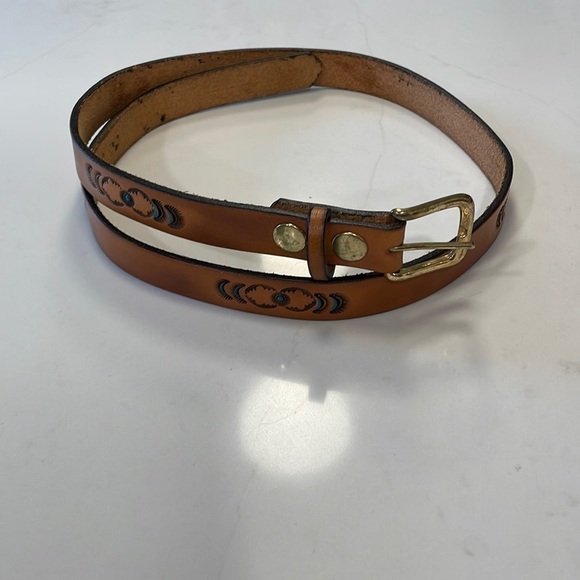 Accessories - Boho Turquoise Belt Brown Floral Buckle Tooled Leather Blue Embossed